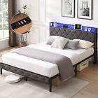 Bed Frame with Storage Headboard, Charging Station and LED Lights, Upholstered