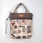 Handmade Brown Coffee Print Lucky Cat Charm Canvas Crossbody Bag 9'' x 9.5'' x 2