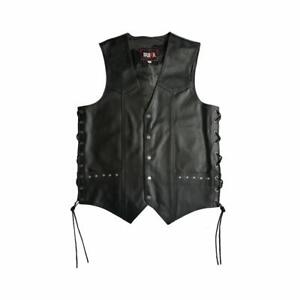 BUKA ® Men's Black Genuine Leather 8 pockets Motorcycle Biker Vest S To 6xl