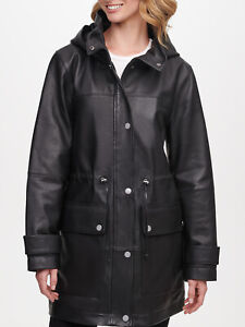 Black Leather Long Coat Women Genuine Lambskin Hooded Trench Coat S M L XL - 170