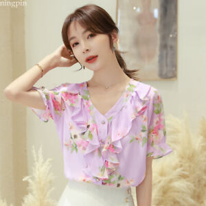 Ladies Women Korean Floral Chiffon Ruffle Summer Casual Work T-shirt Blouse Tops