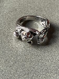 Estate 925 Marked Silver Stretching Kitty Cat Dimensional Wrap Ring Size 6 – top
