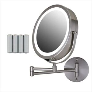 Lighted Wall Mount Double Sided Makeup Mirror with 7X Magnifier, Nickel Brushed