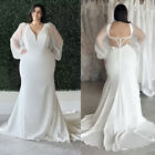 Plus Size Wedding Dress Long Sleeves V Neck Mermaid Satin Simple Bridal Gowns