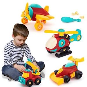 4 PCS Take Apart Toys for 3+ Year Old Boys Kids with Transportation Set