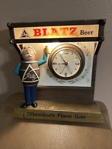 Vintage 1950's Blatz Lighted Beer Bar Clock Display Cast Metal Barrel Man
