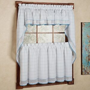 Adirondack Cotton Kitchen Window Curtains - White/Blue - Tiers, Valance or Swag