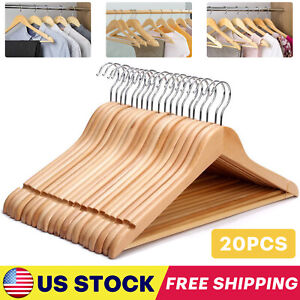 20Pack Wooden Coat Hangers Strong Wood Clothes Suit Trousers Garments Clothing