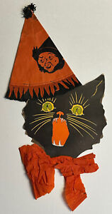 Vtg Halloween Black Cat Witch Hat Double Sided Cardboard Die Cut Diecut Crepe