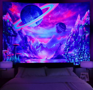 Blacklight Planet Tapestry UV Reactive Galaxy Space Tapestry Mountain Black l...