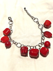 Red Coral Silver Beaded Charm Bracelet