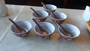 Vintage Chinese Famille Rose Porcelain Soup/Rice Bowls and Spoons - Set of Six