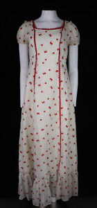 Vintage 70s Norma J USA M 8 (tag 13) White Strawberries Long Maxi Prairie Dress