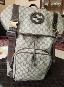 Authentic Gucci Large Backpack Silver GG Coated Canvas Interlocking G Supreme