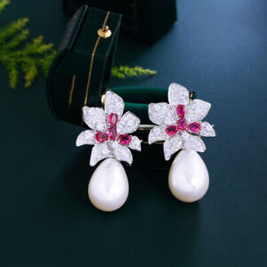 Trendy Silver Plated Rose Red CZ Bridal Long Dangle Drop Pearl Flower Earrings