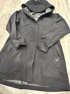 REI Black Fitted TRENCH ELEMENTS Women’s Rain Coat JACKET USA Large with Hood