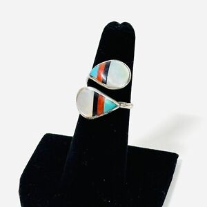 Vintage Native American Zuni Inlay Sterling Silver Ring turquoise coral MOP