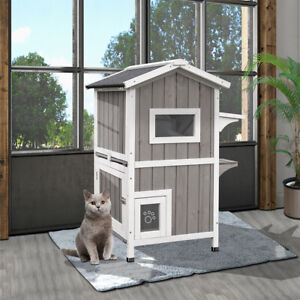 PetsCosset Cat House Outdoor 2-Story Wooden Cat Shelter Pet House Rainproof