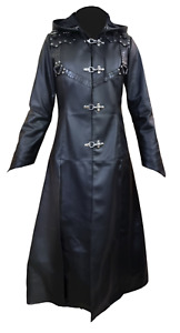 Womens Steampunk Style Trench Coat Black Real Leather Gothic Classic Hooded Coat