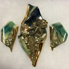Art Nouveau Earrings Brooch Set Pyrite Pearls Crystal Vintage 1980s
