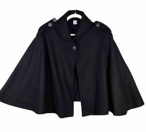 Aqua Womens Black 100% Wool Cape Poncho Jacket S/M Gold Buttons High Collar