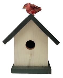 Bird House Wood Red Cardinal Green Roof White Frame Painted Free Standing