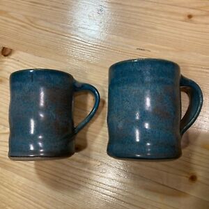 2 Teal Lehman Pottery Mug Coffee Tea Stoneware Art Goshen, Indiana Signed
