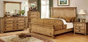 Farmhouse Cottage Furniture - Queen King Bedroom Set in Natural Oak Finish IDAA