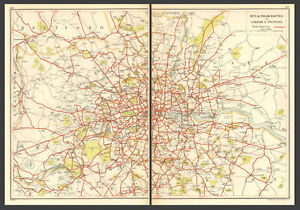 LONDON. Bus & Tram Routes of London & Environs 1923 old vintage map plan chart