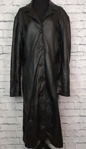 Vintage Real Leather Brand Trench Coat Western Black Womens 2XL Button Up Lined
