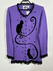 Storybook Knits Cardigan Sweater Womens Large Purple Black Cats Rami Blend