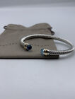 David Yurman Sterling Silver & 14k Gold Cable 5mm Blue Topaz Bracelet Size Small