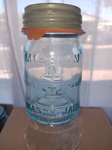 vintage MISSION (bell) TRADE MARK MASON JAR Aqua Pint with lid