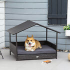 Elevated Wicker Dog House, Raised Rattan Pet Bed Cabana w/ Cushion, Canopy