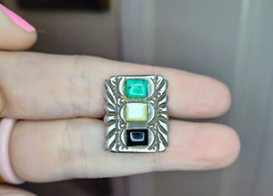 Vintage Mid Century Navajo Silver Ring W/ Turquoise, Opal & Jet Gemstones Size 5