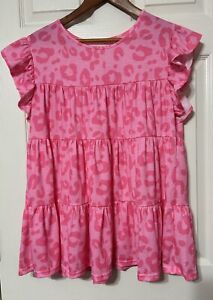 SHEIN Women’s Pink Flutter Sleeve Baby Doll Top Animal Leopard Print Size XL