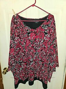 Catherines Womens 3/4 Sleeve Lined Tunic Top Size 4X Scoop Neck Red Black Floral