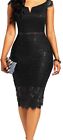 Floral Black Lace Bodycon Cocktail Dress Capped Sleeves Size Medium