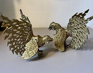 Vintage Solid Brass Pair Of Fighting Roosters