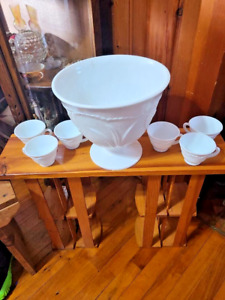 Vintage Indiana Glass Milk Glass Punch Bowl and 7 Cups