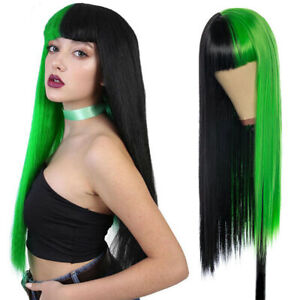Women Wig Half Green Half Black Synthetic Long Straight Wigs With Bangs Soft