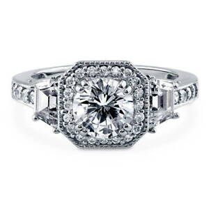 BERRICLE Sterling Silver Halo Round CZ Vintage Style Wedding Engagement Ring