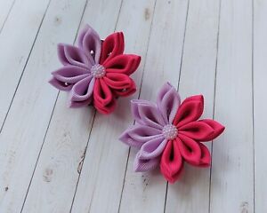 Lavender and hot pink flower hair clip. Set of 2.  Kanzashi  flower hair clip.