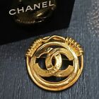 CHANEL Gold Plated CC Logos Round Vintage Pin Brooch #9220a Rise-on