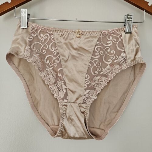 Vintage silky satin high rise high cut granny sissy brief panties lace beige L