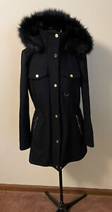 Michael Kors Trench Coat  Black Wool Jacket Faux Fur Hooded Detachable Hood S 6