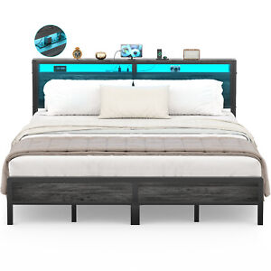 Full/Queen/King Size Bed Frame with Charging Station and Led Lights  Noise-Free,