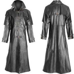 Mens Steampunk Gothic Leather Trench Coat Jacket Long Trench Cape Cloak Costume