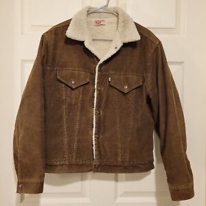 Levis Men Sherpa Lined Trucker Jacket Corduroy Size 40 Brown Snap Buttons