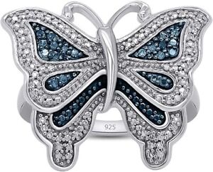 1/10ct Round Cut Blue Real Diamond Butterfly Ring 925 Sterling Silver